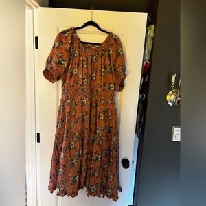 Ivy City Co Floral Midi Dress in Orange and Blue